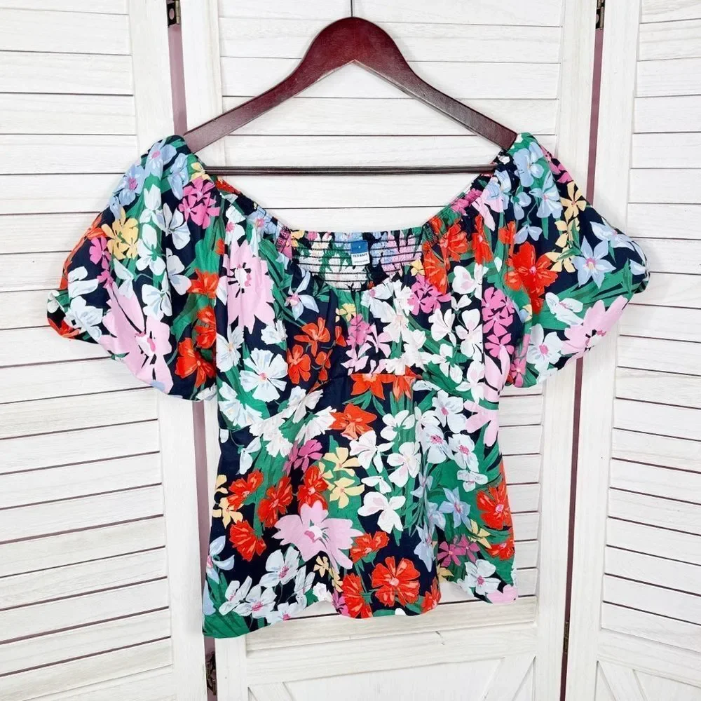 Old Navy Floral Puff Sleeve Peplum Flared Hem V‎ Neck Top Shirt Blue Multi Small
